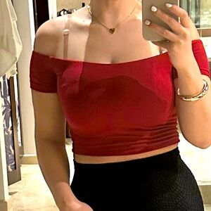 Hot Miami Styles Red Off-Shoulder crop top